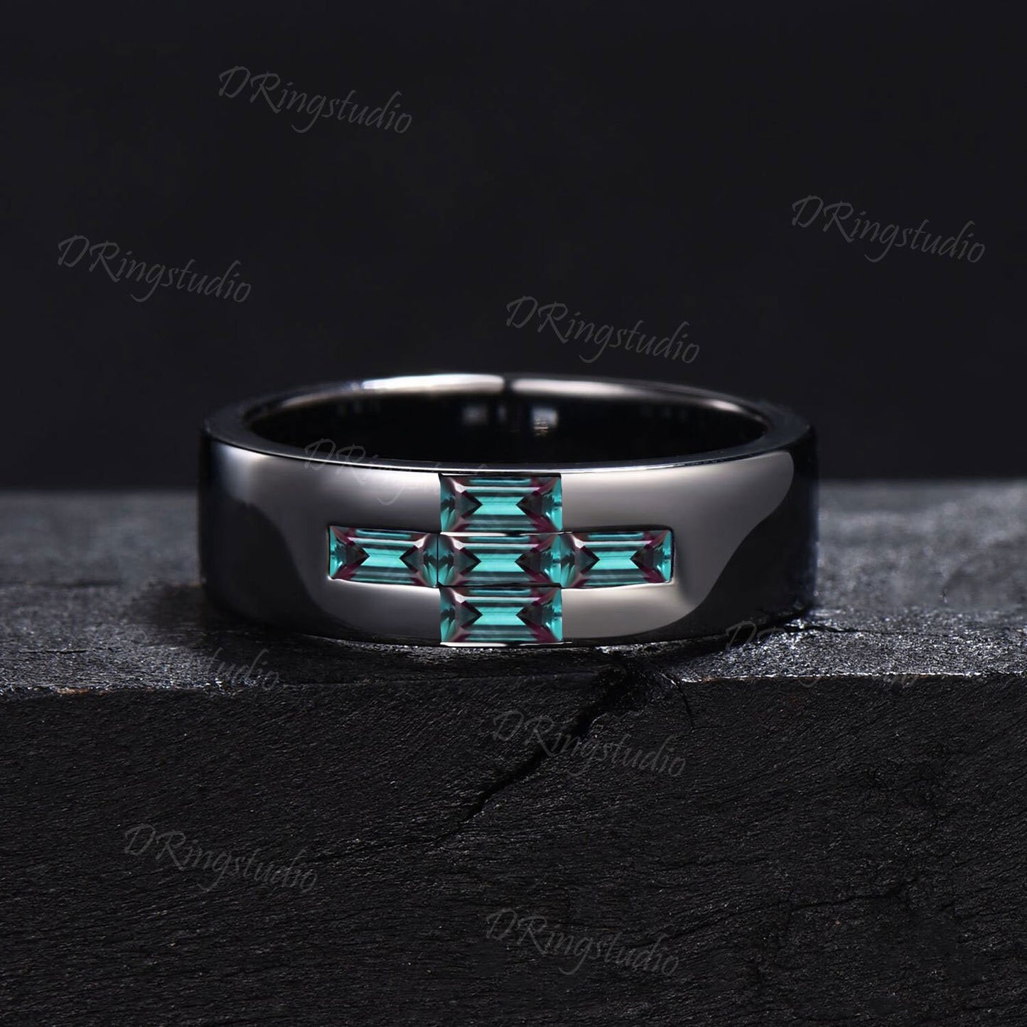 Tension Set Ring Mens Alexandrite Wedding Band Black Gold Mens Cross Ring 6mm Baguette Cut Alexandrite Ring Christian Jewelry Proposal Ring