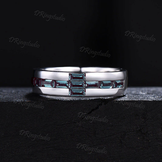 14k White Gold Mens Cross Wedding Band 6mm Baguette Cut Alexandrite Ring Tension Set Ring Stackable Band Christian Jewelry Ring Gift for Men
