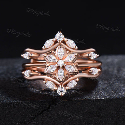 Enhancer Guard Ring Set Marquise Moissanite Engagement Ring Lotus Flower Ring 14k Rose Gold Moissanite Bridal Set Cluster Ring Proposal Gift