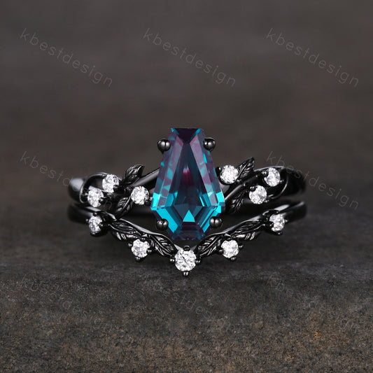 Vintage coffin Alexandrite engagement ring set black gold twig leaf moissanite ring color changing stone ring unique bridal wedding ring set