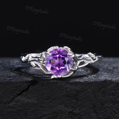 1ct Round Amethyst Engagement Ring Tree Branch Solitaire Amethyst Wedding Ring Solid White Gold Purple Crystal Ring Proposal Gift for Women