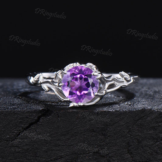 1ct Round Amethyst Engagement Ring Tree Branch Solitaire Amethyst Wedding Ring Solid White Gold Purple Crystal Ring Proposal Gift for Women