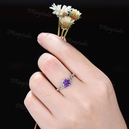 1ct Round Amethyst Engagement Ring Tree Branch Solitaire Amethyst Wedding Ring Solid White Gold Purple Crystal Ring Proposal Gift for Women