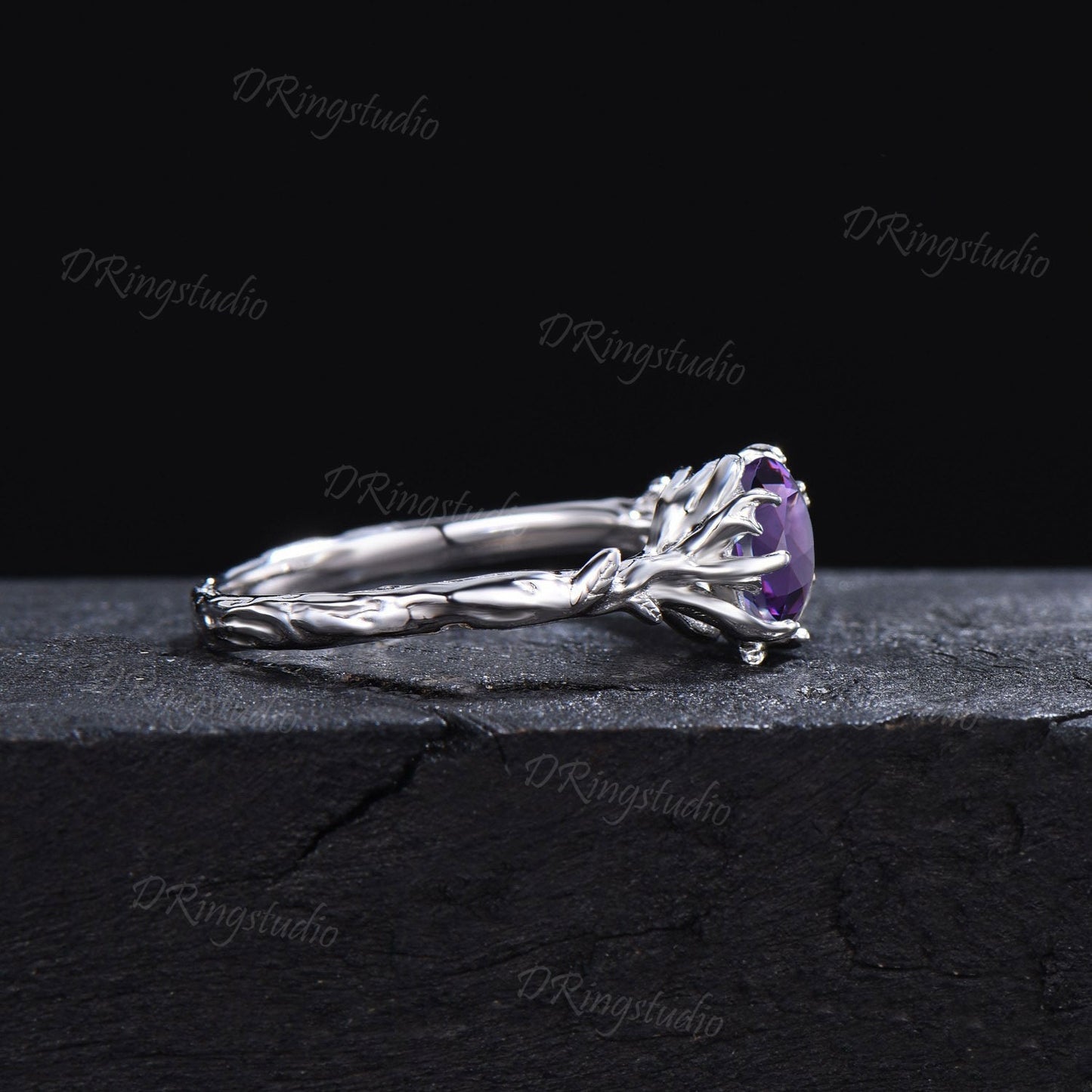 1ct Round Amethyst Engagement Ring Tree Branch Solitaire Amethyst Wedding Ring Solid White Gold Purple Crystal Ring Proposal Gift for Women