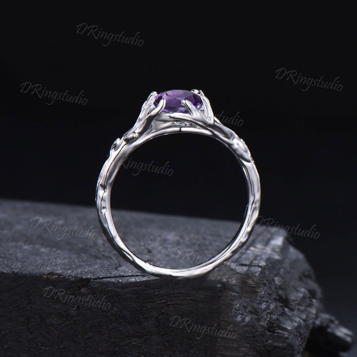 1ct Round Amethyst Engagement Ring Tree Branch Solitaire Amethyst Wedding Ring Solid White Gold Purple Crystal Ring Proposal Gift for Women