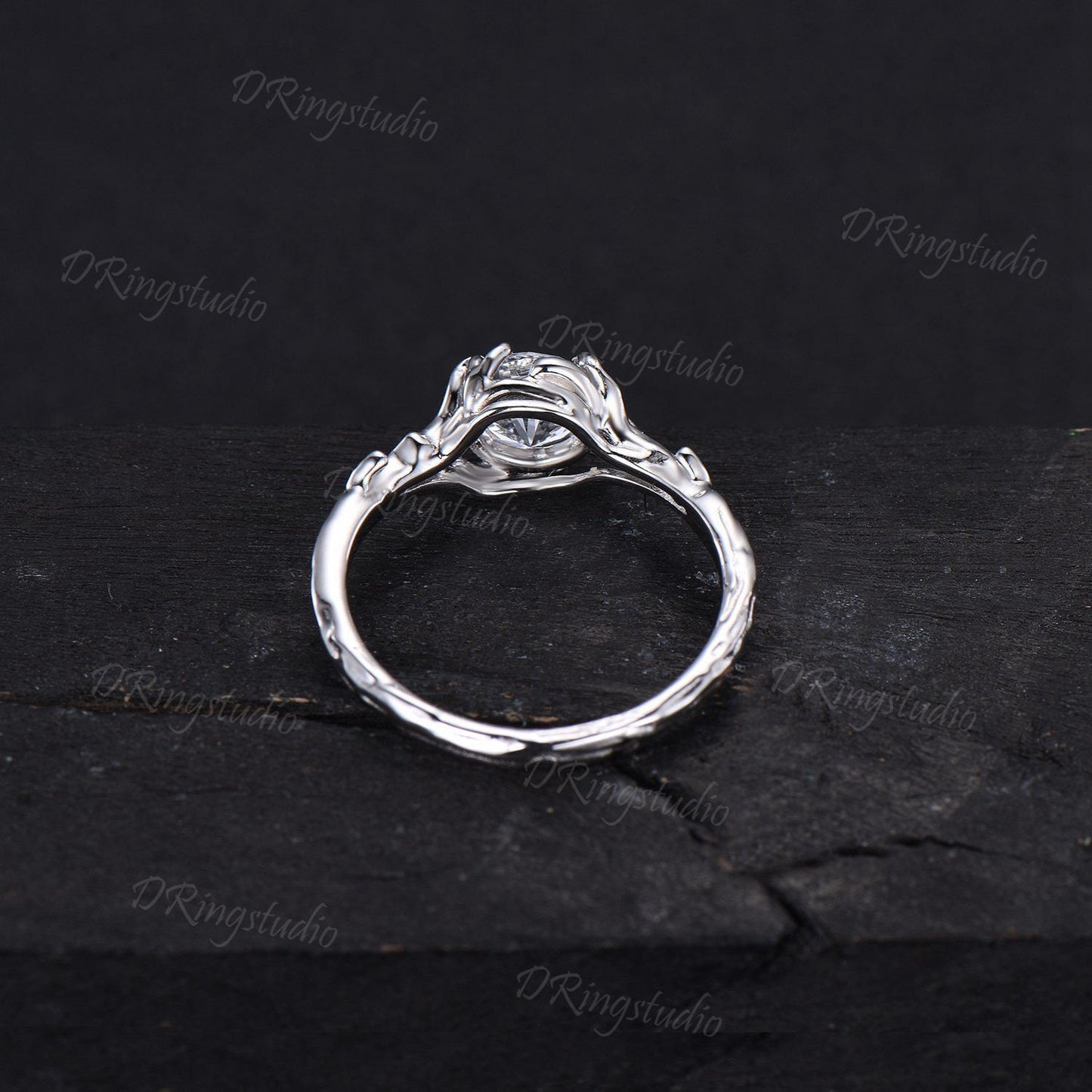 Branch Leaf Round Moissanite Engagement Ring 14k White Gold Twig Wedding Ring Solitaire Moissanite Ring Nature Branch Ring Proposal Gifts