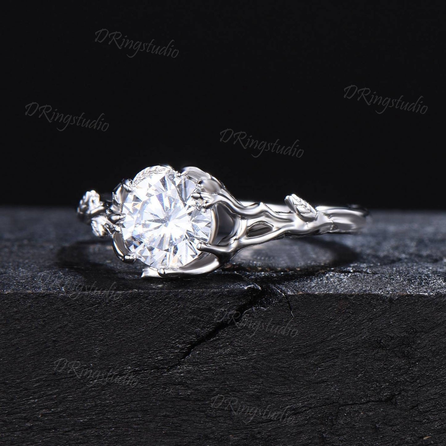 Branch Leaf Round Moissanite Engagement Ring 14k White Gold Twig Wedding Ring Solitaire Moissanite Ring Nature Branch Ring Proposal Gifts