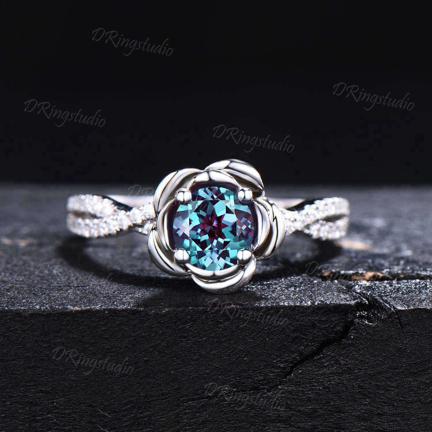 Rose Flower Engagement Ring Round Color-Change Alexandrite Wedding Ring 14k White Gold Infinity Twist Moissanite Ring Birthstone Women Gift