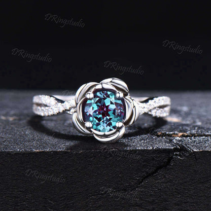 Rose Flower Engagement Ring Round Color-Change Alexandrite Wedding Ring 14k White Gold Infinity Twist Moissanite Ring Birthstone Women Gift