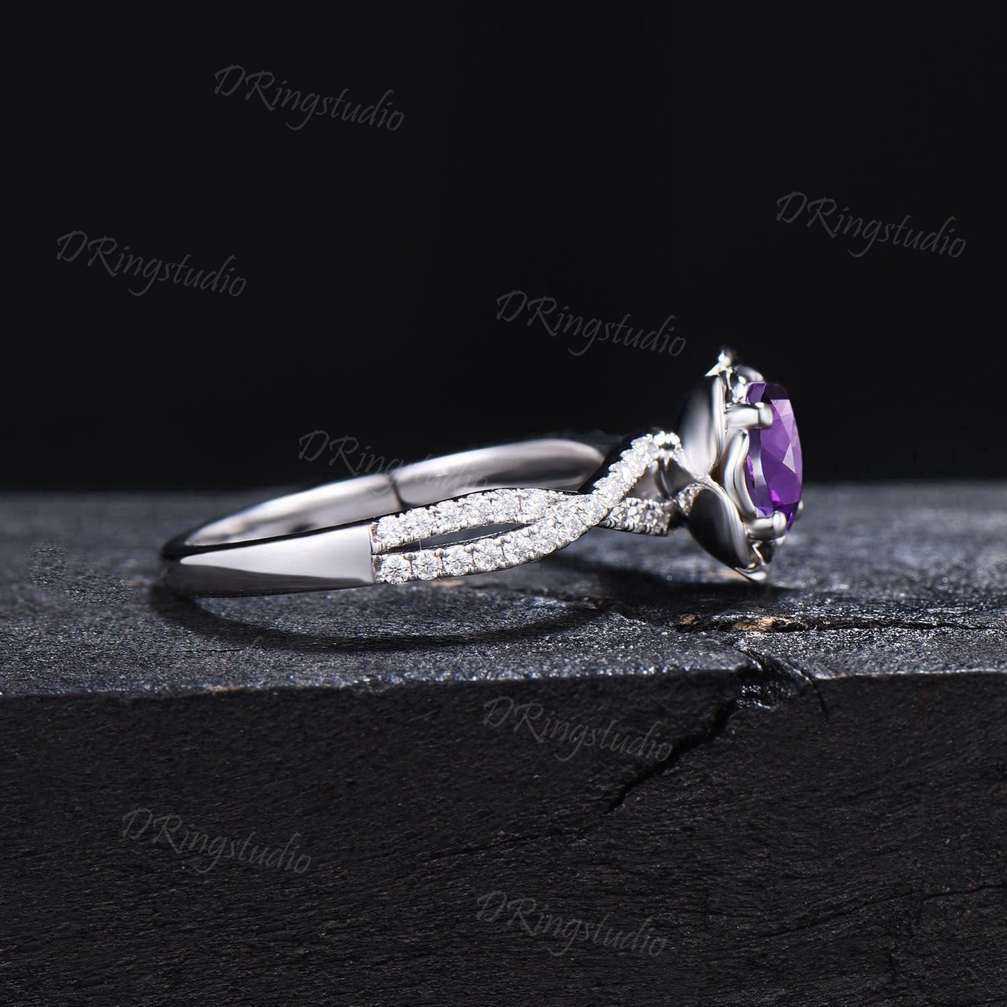 Floral 5mm Round Amethyst Engagement Ring White Gold Flower Ring Twisted Shank Moissanite Wedding Ring February Birthstone Anniversary Gift