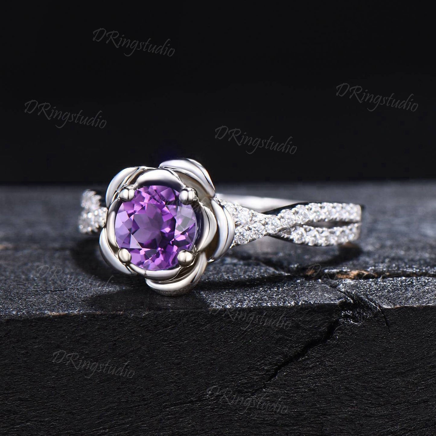 Floral 5mm Round Amethyst Engagement Ring White Gold Flower Ring Twisted Shank Moissanite Wedding Ring February Birthstone Anniversary Gift