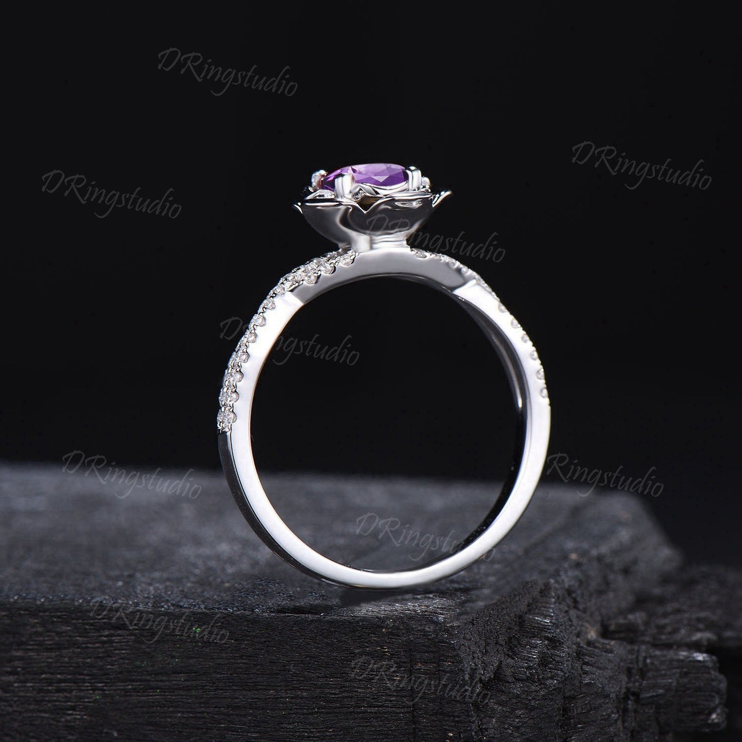 Floral 5mm Round Amethyst Engagement Ring White Gold Flower Ring Twisted Shank Moissanite Wedding Ring February Birthstone Anniversary Gift