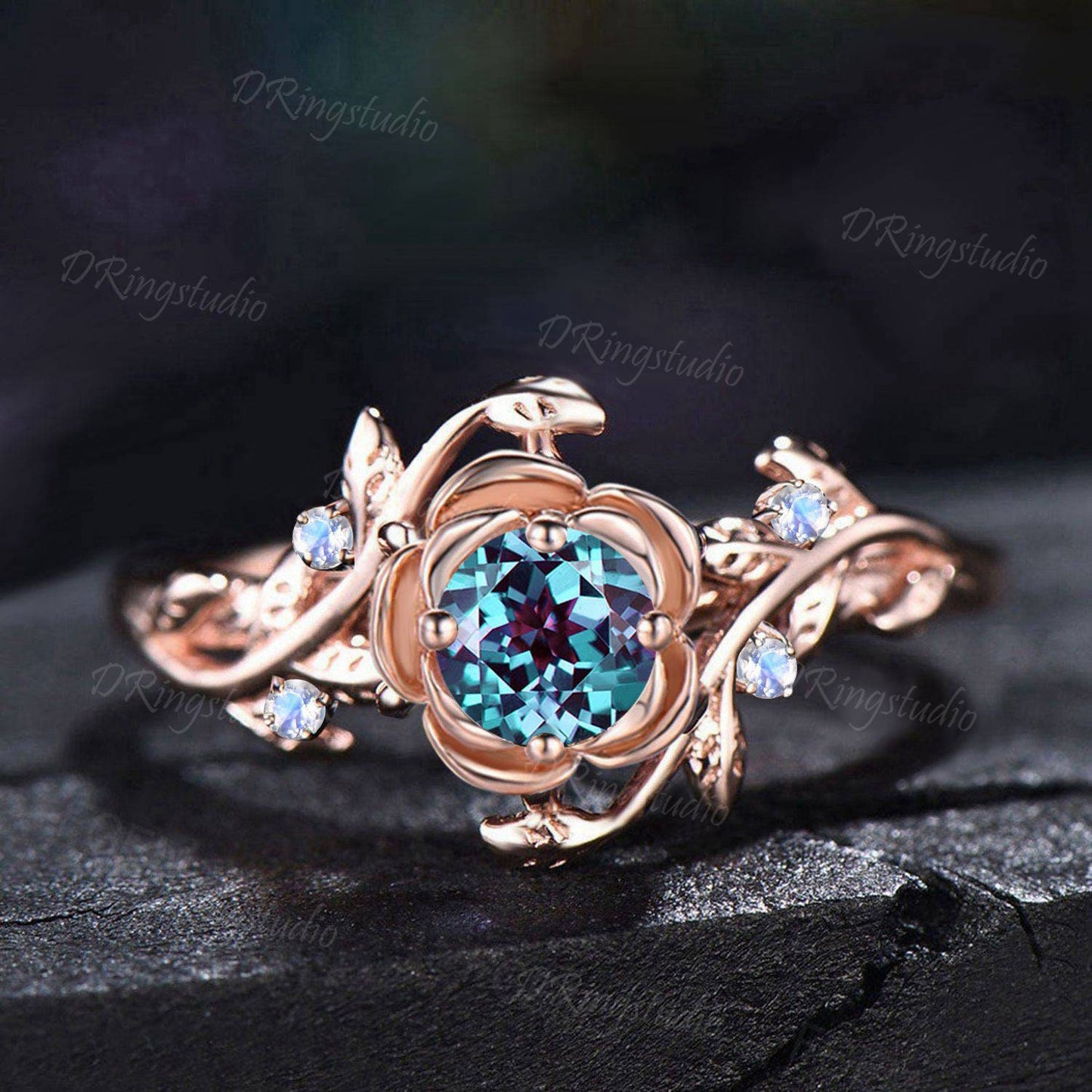 Rose Flower Engagement Ring 5mm Round Color-Change Alexandrite Wedding Ring Branch Leaf Moonstone Ring June Birthstone Jewelry Proposal Gift