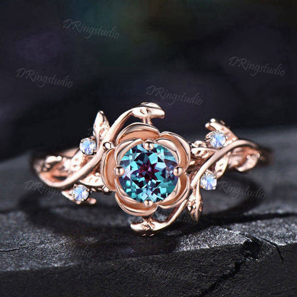 Rose Flower Engagement Ring 5mm Round Color-Change Alexandrite Wedding Ring Branch Leaf Moonstone Ring June Birthstone Jewelry Proposal Gift