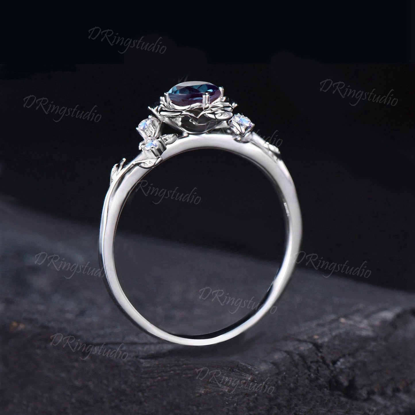 Rose Flower Engagement Ring 5mm Round Color-Change Alexandrite Wedding Ring Branch Leaf Moonstone Ring June Birthstone Jewelry Proposal Gift