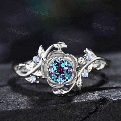 Rose Flower Engagement Ring 5mm Round Color-Change Alexandrite Wedding Ring Branch Leaf Moonstone Ring June Birthstone Jewelry Proposal Gift