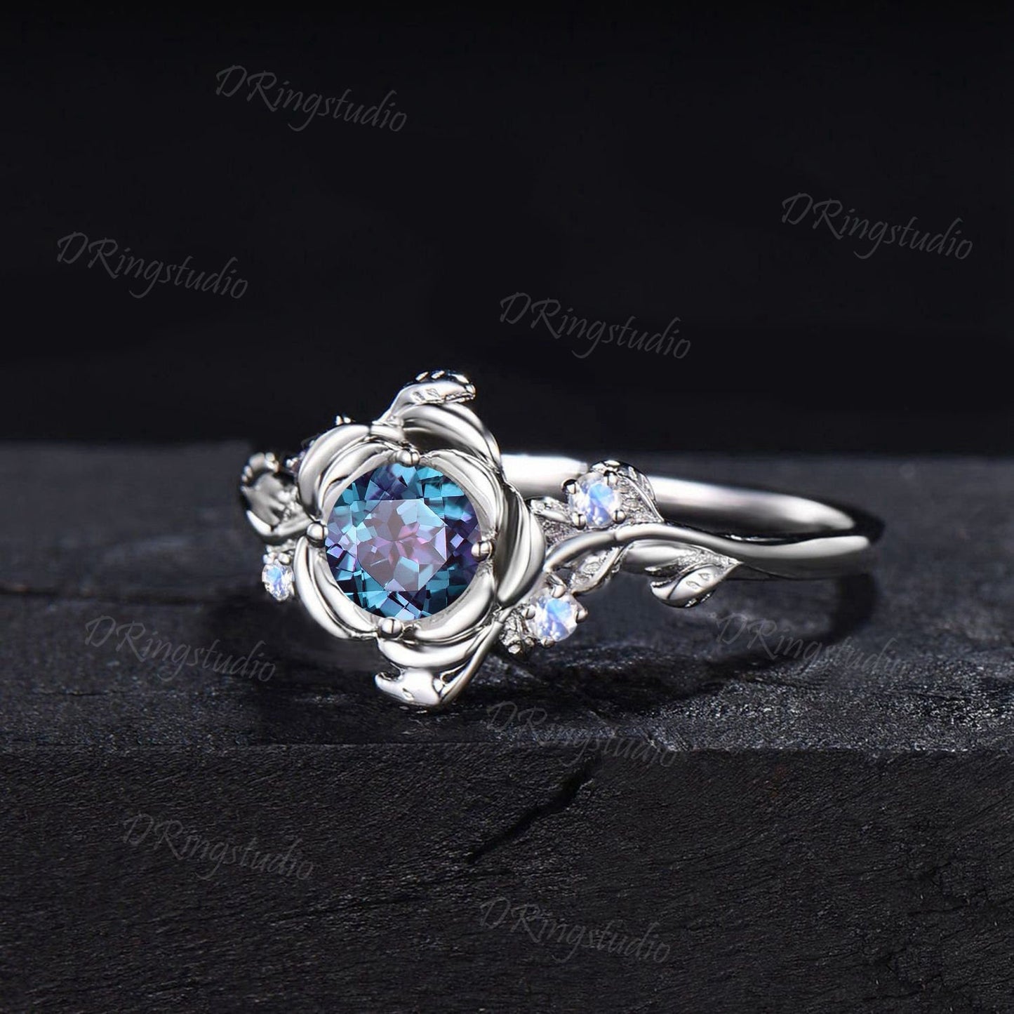 Rose Flower Engagement Ring 5mm Round Color-Change Alexandrite Wedding Ring Branch Leaf Moonstone Ring June Birthstone Jewelry Proposal Gift