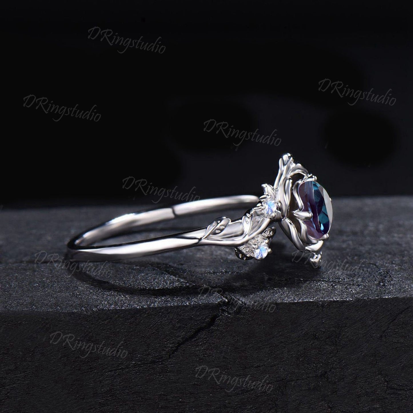 Rose Flower Engagement Ring 5mm Round Color-Change Alexandrite Wedding Ring Branch Leaf Moonstone Ring June Birthstone Jewelry Proposal Gift