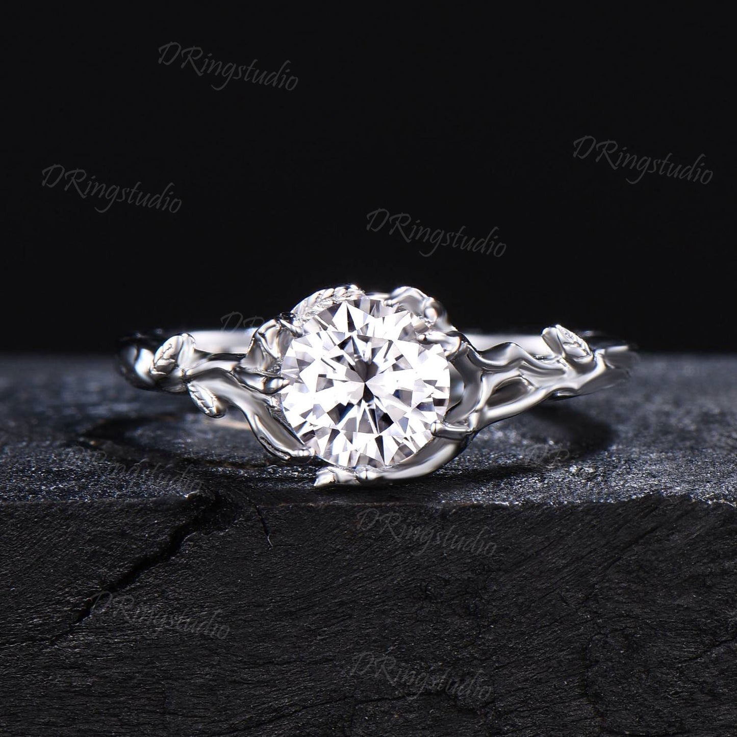 Branch Engagement Ring 1ct Round Moissanite Solitaire Ring Milgrain Wedding Ring White Gold Moissanite Bridal Set Leaf Textured Promise Ring