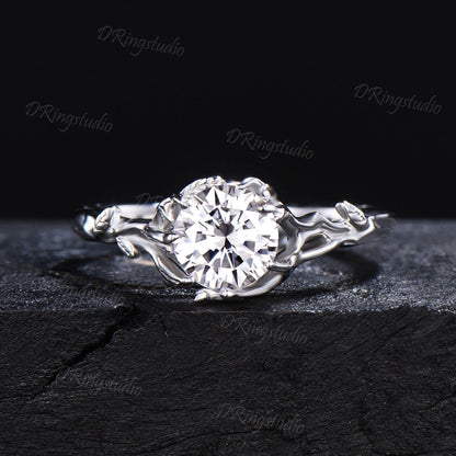 Branch Engagement Ring 1ct Round Moissanite Solitaire Ring Milgrain Wedding Ring White Gold Moissanite Bridal Set Leaf Textured Promise Ring