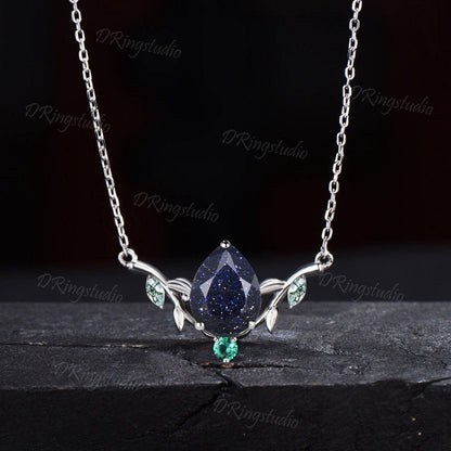 Pear Blue Sandstone Necklace Nature Inspired Branch Leaf Emerald Pendant 14k/18k White Gold Blue Goldstone Moss Agate Necklace Wedding Gift