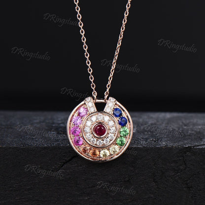 Gemstone Rainbow Necklace Natural Sapphire Pendant Sapphire Ruby Tsavorite Charm Necklace Diamond Necklace Birthstone Anniversary Women Gift