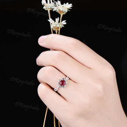 5mm Round Ruby Engagement Ring White Gold Twisted Shank Moissanite Wedding Ring Rose Flower Red Gemstone Ring July Birthstone Proposal Gift