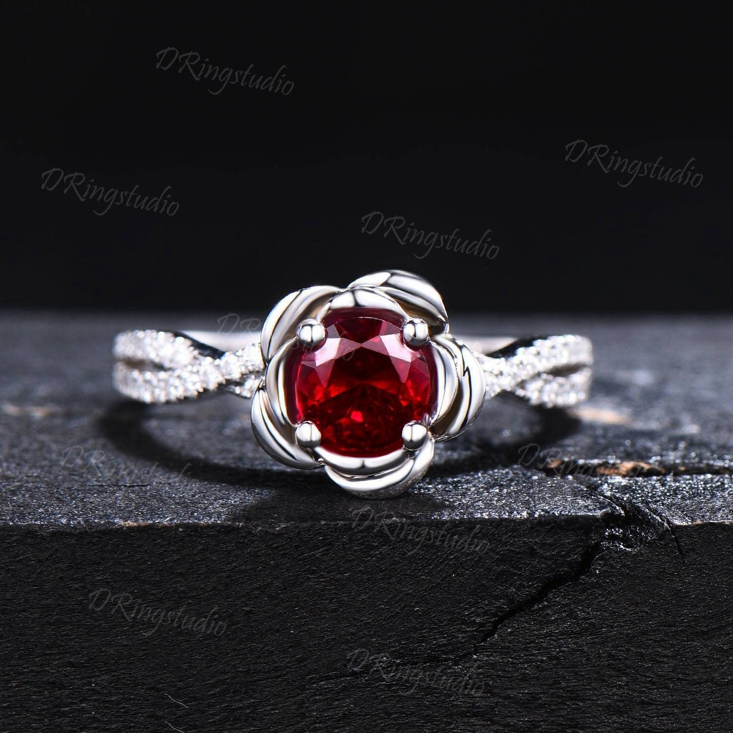 5mm Round Ruby Engagement Ring White Gold Twisted Shank Moissanite Wedding Ring Rose Flower Red Gemstone Ring July Birthstone Proposal Gift