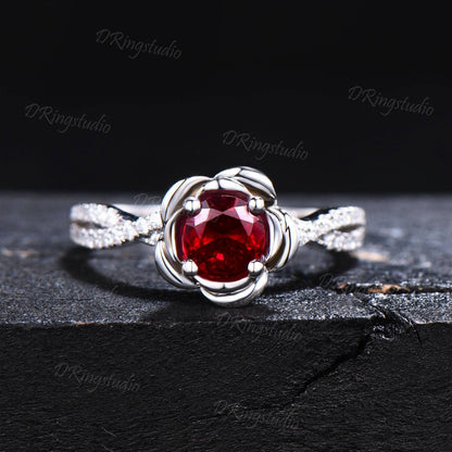 5mm Round Ruby Engagement Ring White Gold Twisted Shank Moissanite Wedding Ring Rose Flower Red Gemstone Ring July Birthstone Proposal Gift