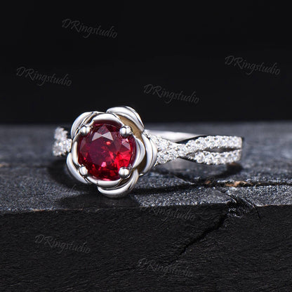 5mm Round Ruby Engagement Ring White Gold Twisted Shank Moissanite Wedding Ring Rose Flower Red Gemstone Ring July Birthstone Proposal Gift