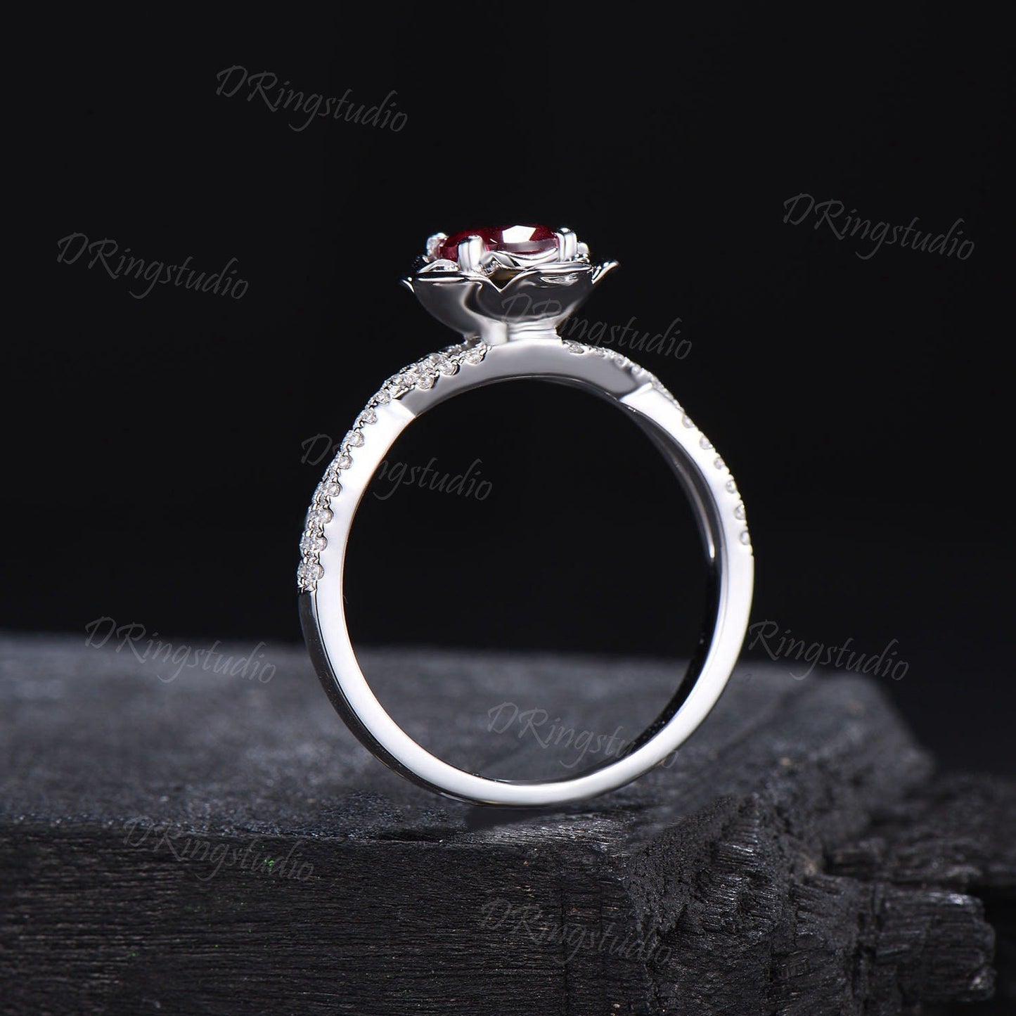 5mm Round Ruby Engagement Ring White Gold Twisted Shank Moissanite Wedding Ring Rose Flower Red Gemstone Ring July Birthstone Proposal Gift