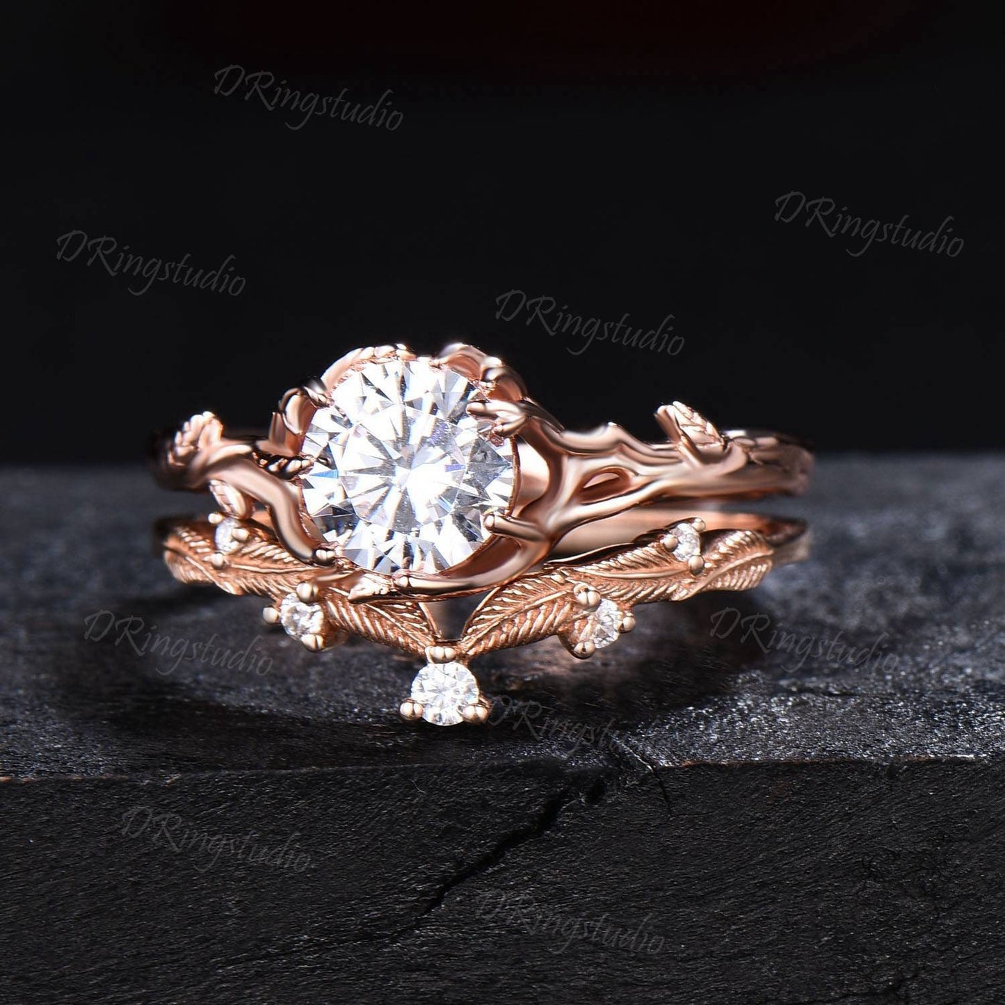 Leaf Textured Engagement Ring Nature Inspired Round Colorless Moissanite Solitaire Ring 14k Rose Gold Branch Wedding Ring Anniversary Gifts