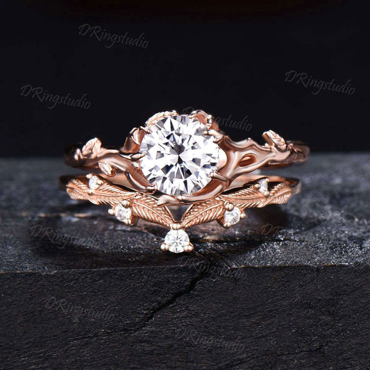 Leaf Textured Engagement Ring Nature Inspired Round Colorless Moissanite Solitaire Ring 14k Rose Gold Branch Wedding Ring Anniversary Gifts