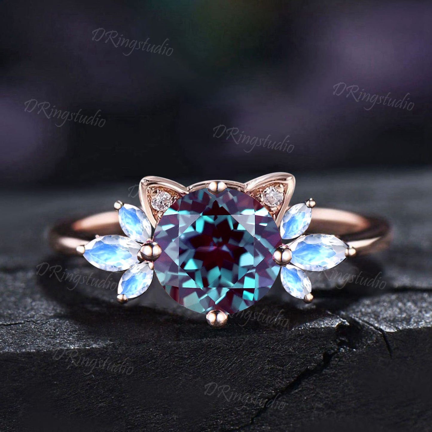 Cat Engagement Ring 7mm Round Alexandrite Ring Moonstone Cluster Wedding Ring Rose Gold Cat Ring June Birthstone Women Jewelry for Cat Lover