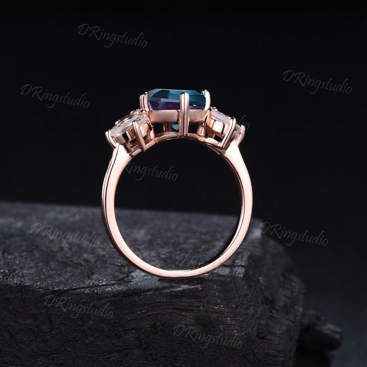 Cat Engagement Ring 7mm Round Alexandrite Ring Moonstone Cluster Wedding Ring Rose Gold Cat Ring June Birthstone Women Jewelry for Cat Lover