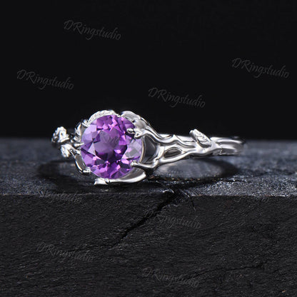 1ct Round Amethyst Engagement Ring Tree Branch Solitaire Amethyst Wedding Ring Solid White Gold Purple Crystal Ring Proposal Gift for Women