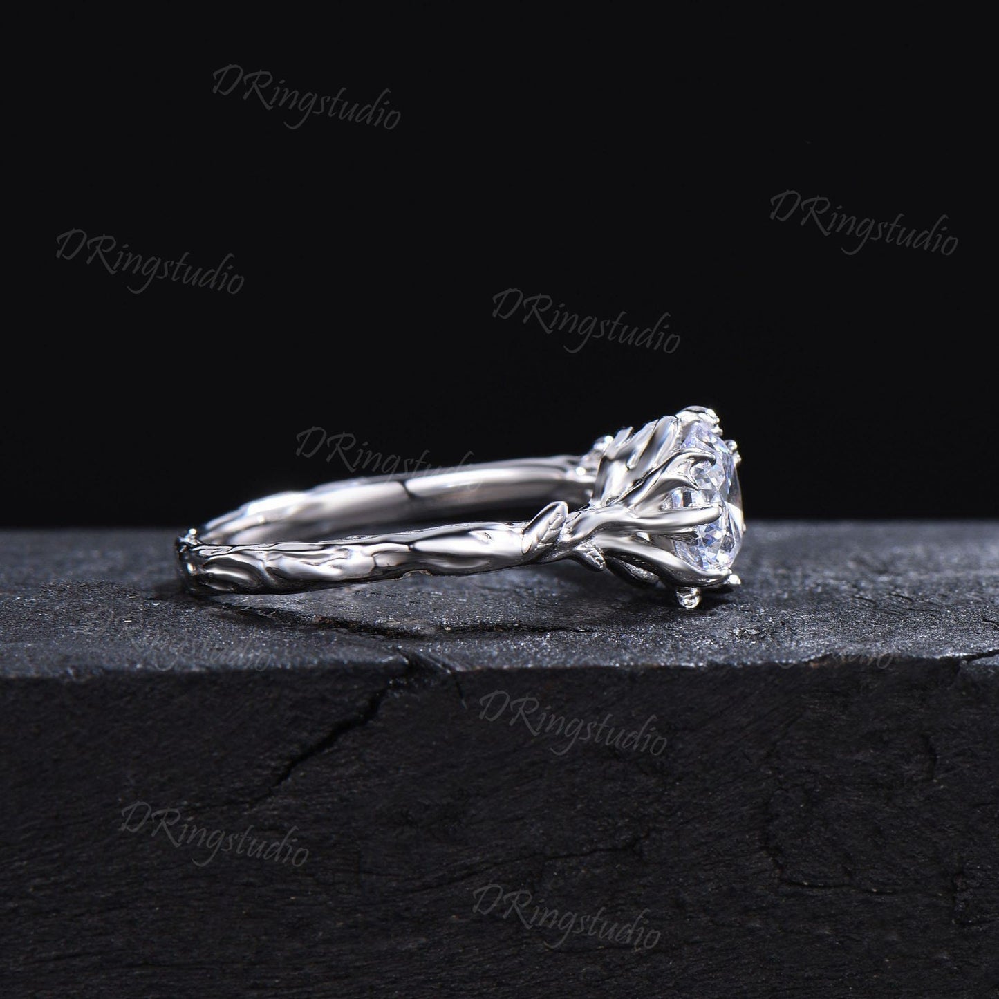 Branch Leaf Round Moissanite Engagement Ring 14k White Gold Twig Wedding Ring Solitaire Moissanite Ring Nature Branch Ring Proposal Gifts