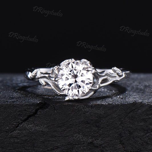 Branch Leaf Round Moissanite Engagement Ring 14k White Gold Twig Wedding Ring Solitaire Moissanite Ring Nature Branch Ring Proposal Gifts