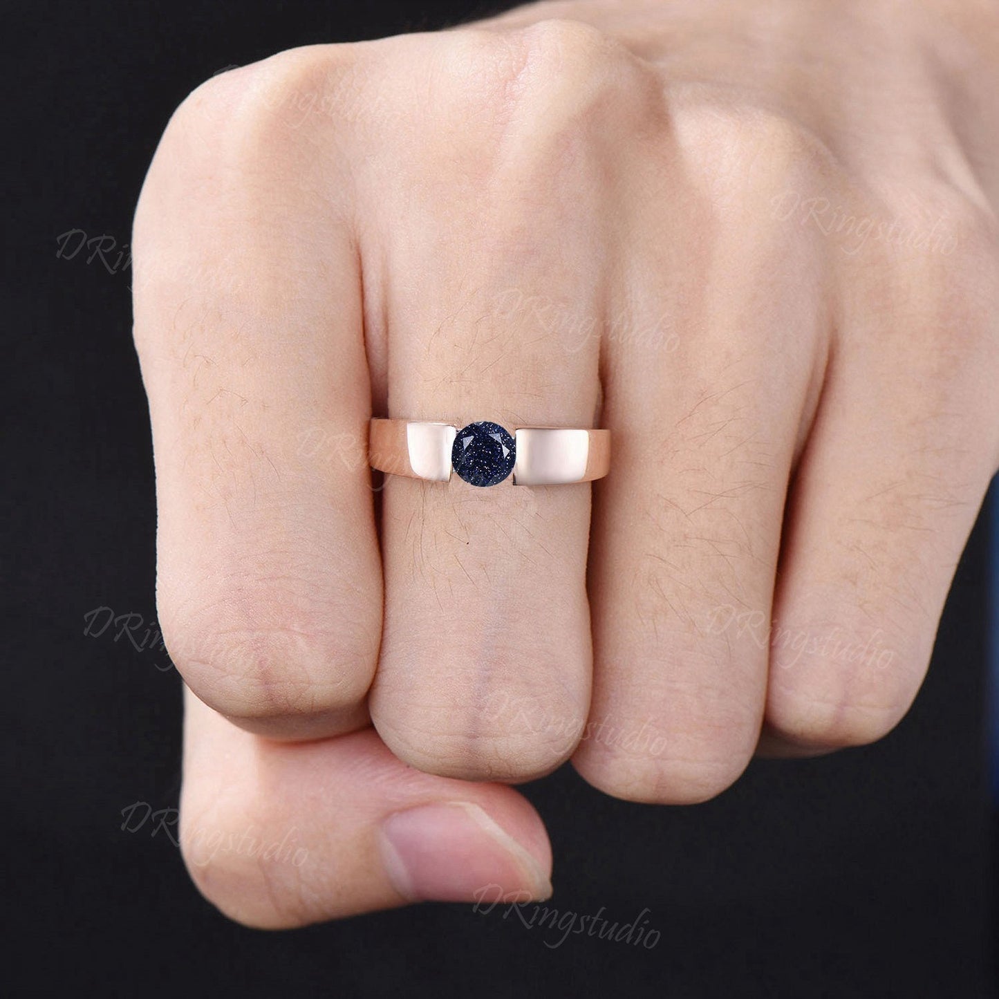 5mm Round Blue Sandstone Tension Set Ring Black Gold Men Engagement Ring Round Galaxy Blue Goldstone Wedding Band Flush Diamond Ring for Men