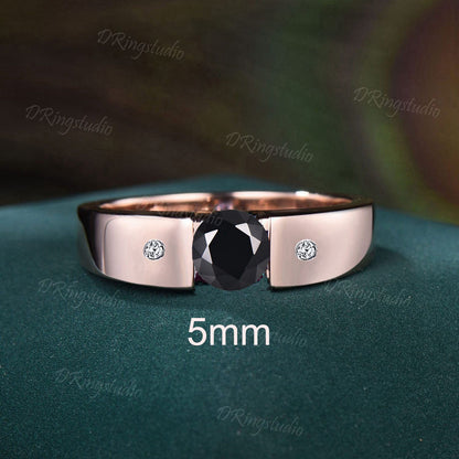 5mm Mens Natural Black Onyx Wedding Ring Black Gold Round Onyx Flush Diamond Band Tension Set Engagement Ring Antique Promise Ring for Men