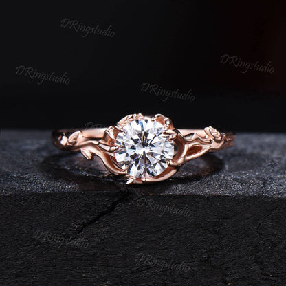 Branch Leaf Round Moissanite Engagement Ring 14k White Gold Twig Wedding Ring Solitaire Moissanite Ring Nature Branch Ring Proposal Gifts