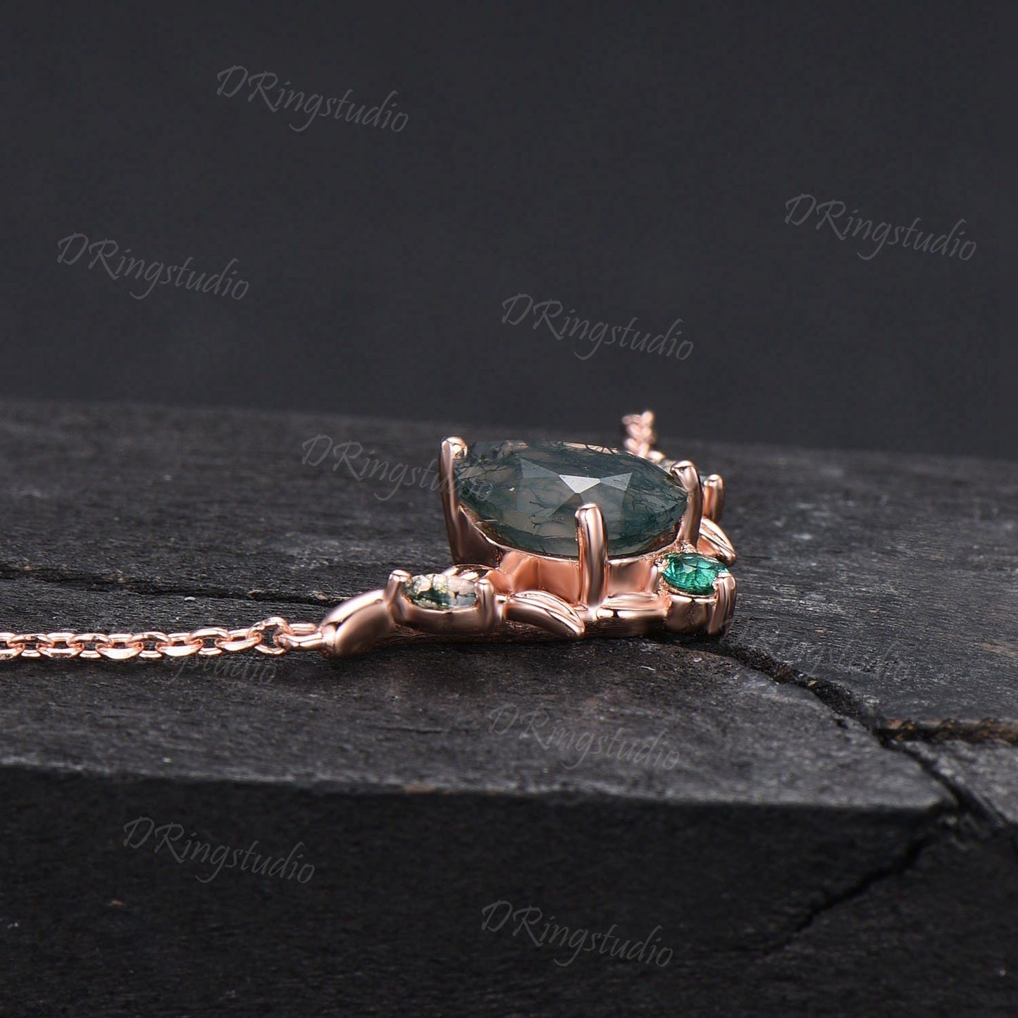 Unique Coffin Cut Natural Moss Agate Necklace Rose Gold Wedding Necklace Nature Inspired Leaf Vine Emerald Pendant Green Agate Proposal Gift