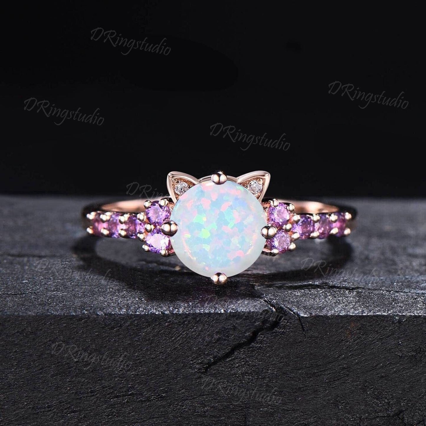 Cat Engagement Ring 7mm Round White Opal Wedding Ring Rose Gold Half Eternity Amethyst Ring October Birthstone Jewelry Gift for Cat Lover