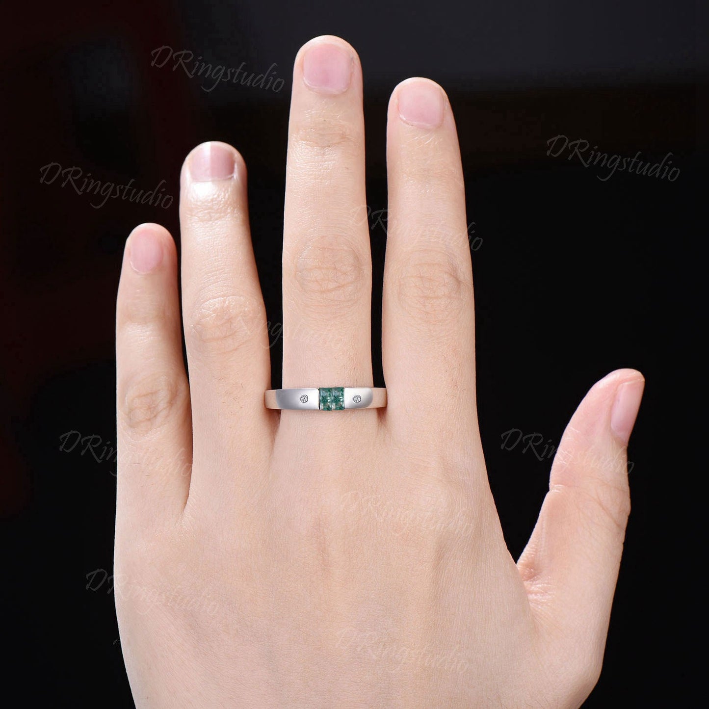 Black Gold Mens Engagement Band Vintage Baguette Cut Moss Agate Wedding Band Flush Diamond Ring 4mm Mens Promise Band Anniversary Men Gift