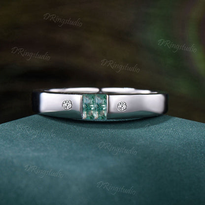 Black Gold Mens Engagement Band Vintage Baguette Cut Moss Agate Wedding Band Flush Diamond Ring 4mm Mens Promise Band Anniversary Men Gift