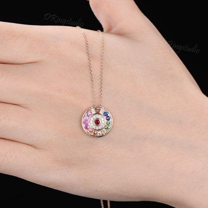 Gemstone Rainbow Necklace Natural Sapphire Pendant Sapphire Ruby Tsavorite Charm Necklace Diamond Necklace Birthstone Anniversary Women Gift