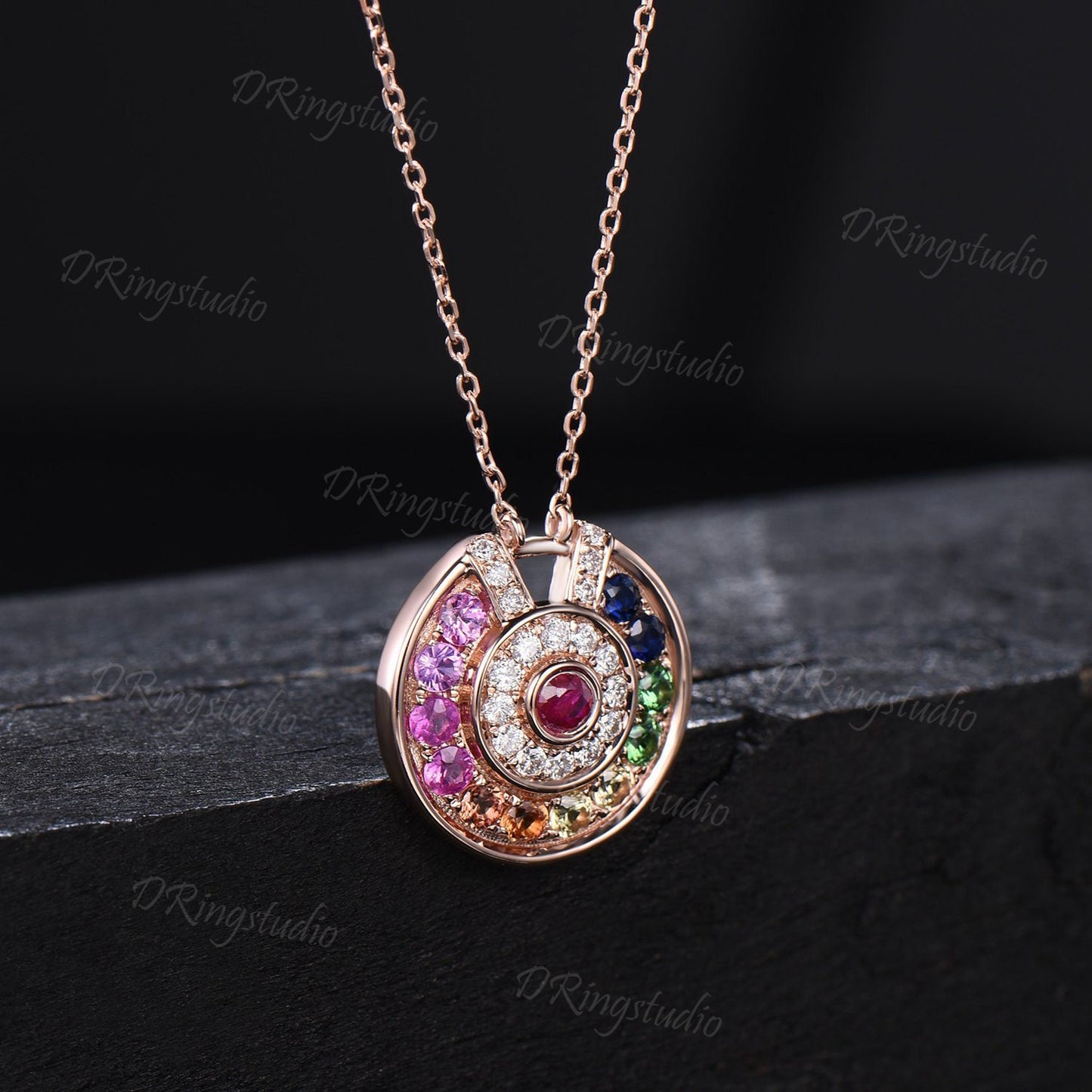 Gemstone Rainbow Necklace Natural Sapphire Pendant Sapphire Ruby Tsavorite Charm Necklace Diamond Necklace Birthstone Anniversary Women Gift