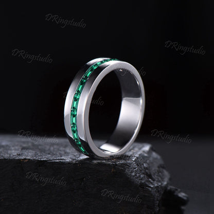 6mm Baguette Cut Emerald Wedding Band 14K White Gold Emerald Engagement Ring Channel Set Ring May Birthstone Jewelry Mens Wedding Ring Gifts