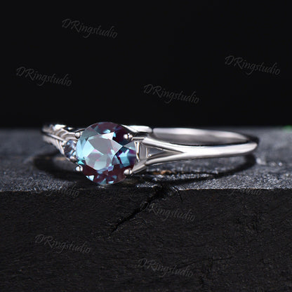 14k Yellow Gold Feather Engagement Ring 0.5ct Round Color-change Alexandrite Ring Engraved Peacock Feather Ring June Birthstone Wedding Ring