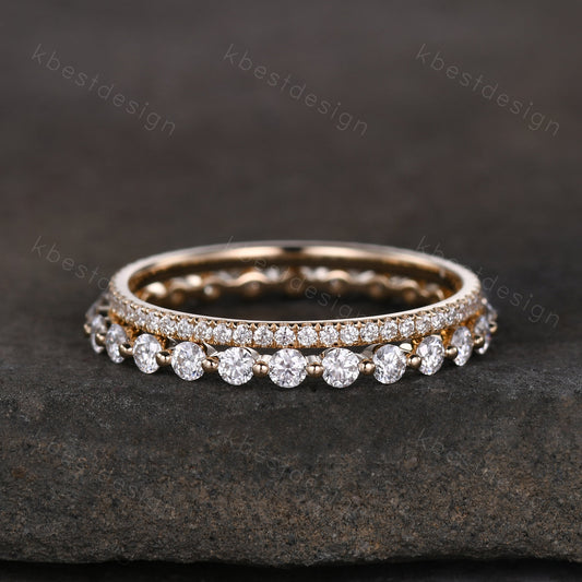 2PCS Moissanite wedding band set women 2mm Round cut eternity band Yellow gold wedding band Unique Stacking Matching anniversary ring gift